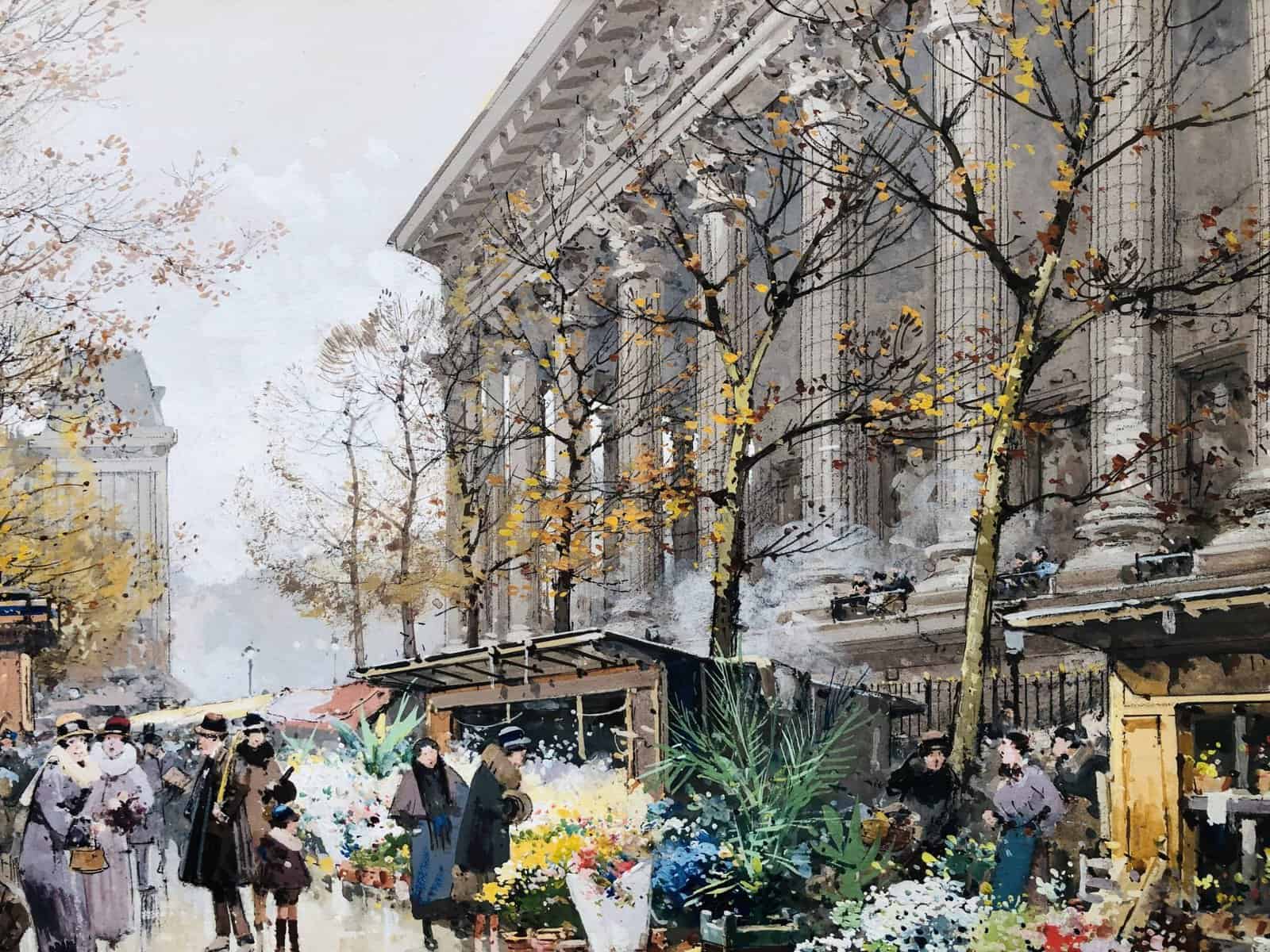 Galien Laloue Peinture 20è Paris Le Marché Aux Fleurs De La Madeleine Gouache Aquarellée Signée Certificat d’authenticité – Image 7