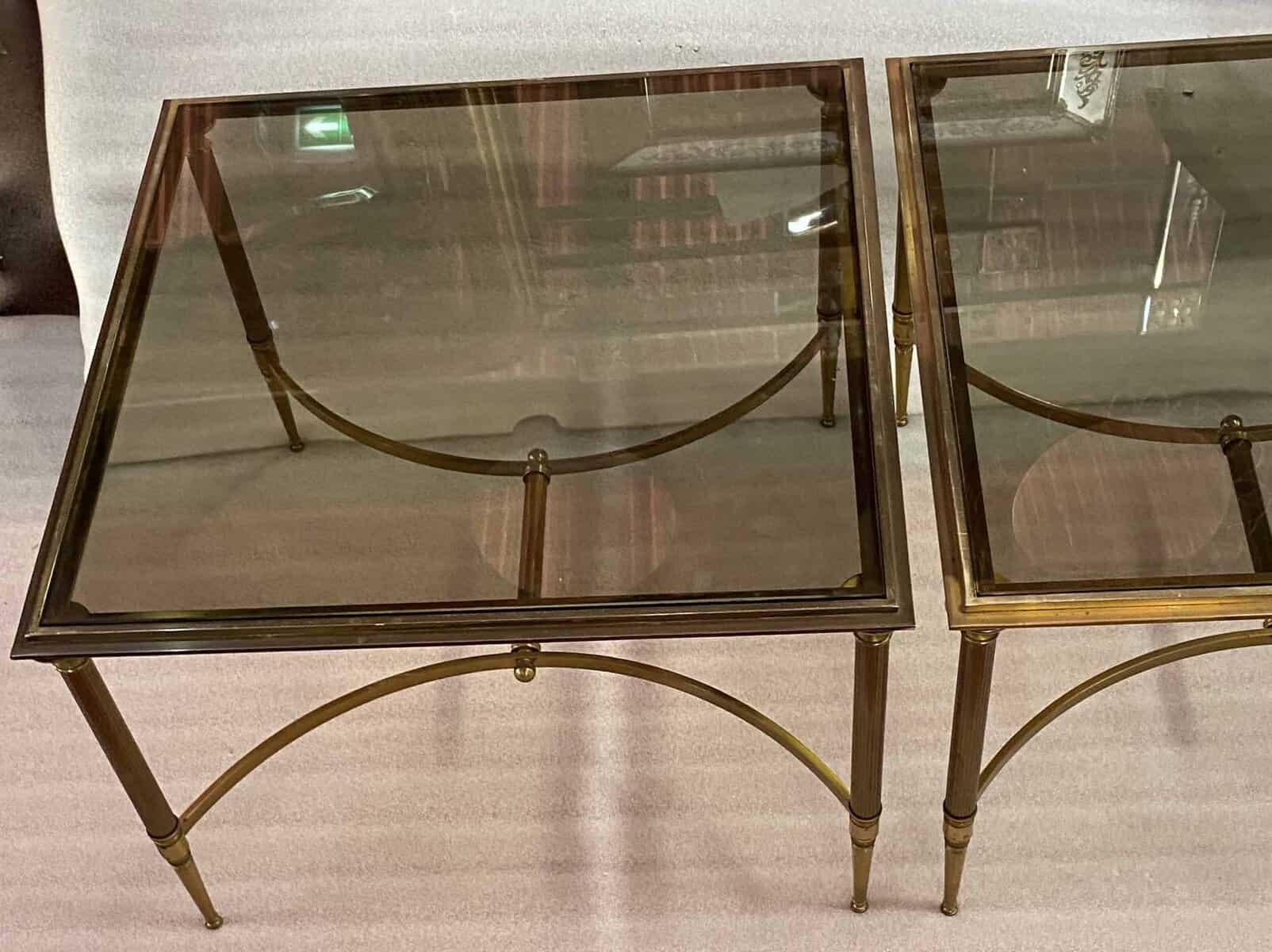 1950/70′ Paire de Bouts de Canapés Bronze , Plateau Verre Fumé Maison Charles 65 X 65 cm – Image 8