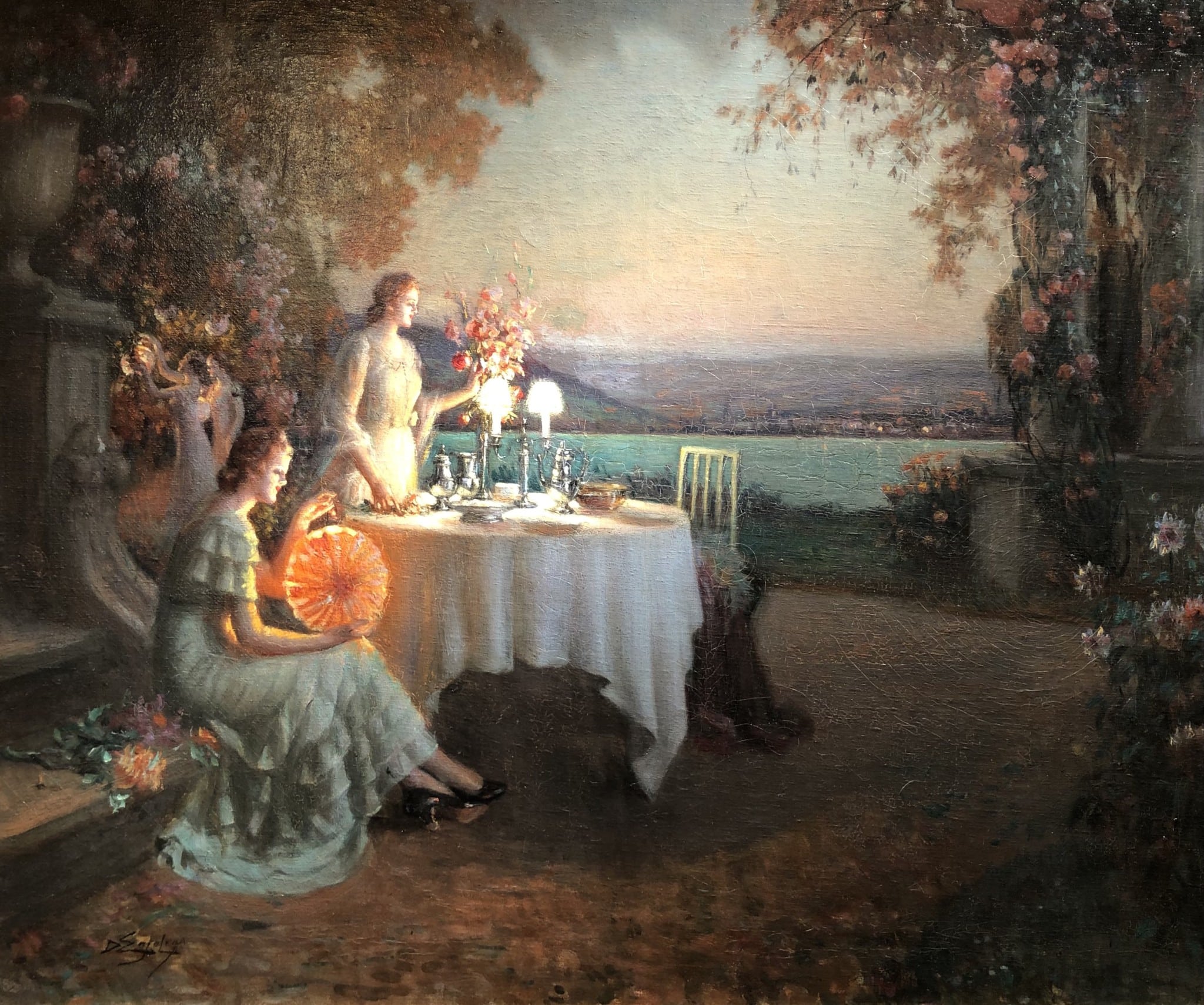 ENJOLRAS Delphin Soirée sur la terrasse Huile toile signée Certificat – Image 7