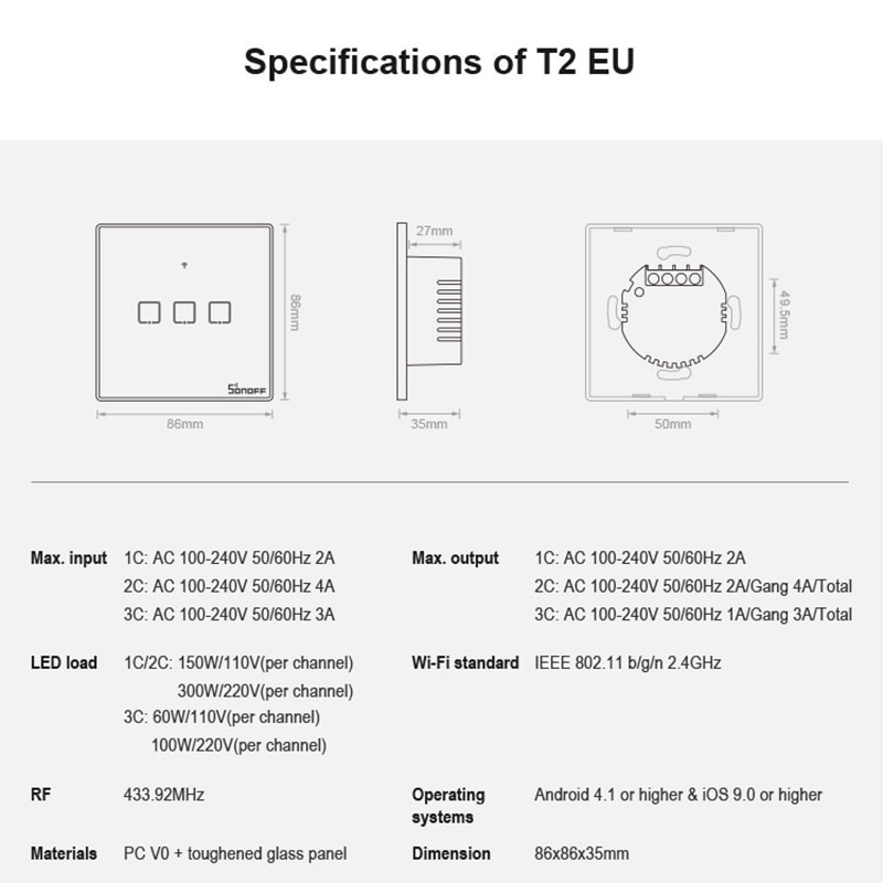 Sonoff T2 1 2 3 Gang Smart WiFi interrupteur de lumière murale minuterie RF/APP/commande tactile EU panneau domotique Google Nest/Alexa – Image 3