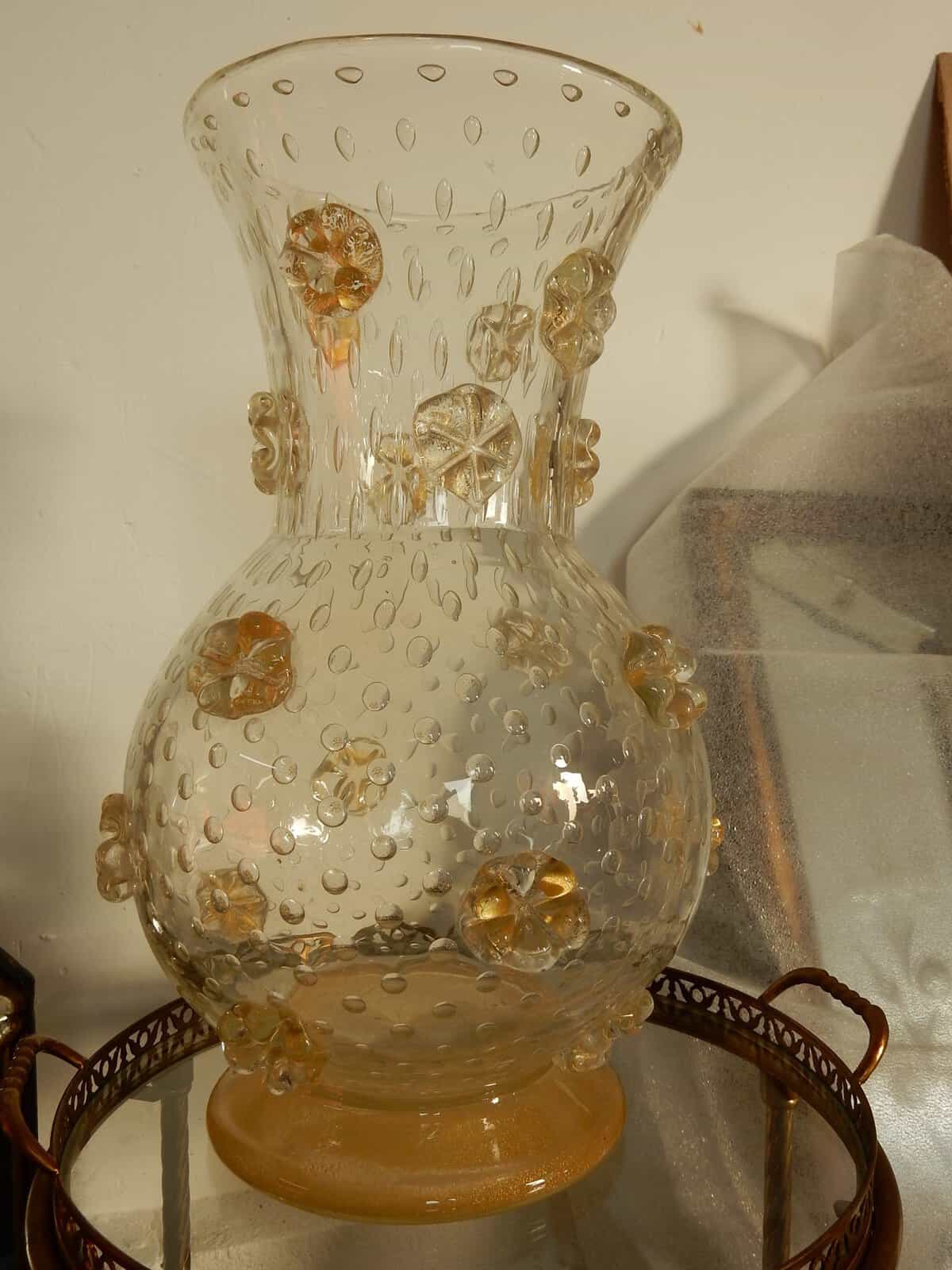 1970′ Vase Cristal Murano Style Barovier & Toso Avec Paillons d’Or Non Signé – Image 4