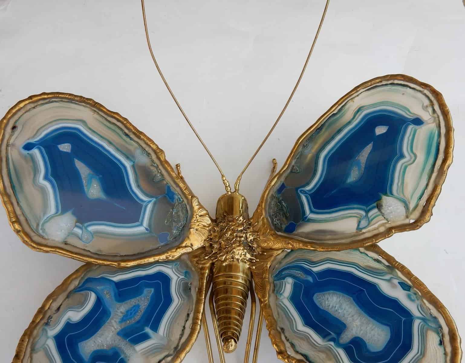 1970′ Applique Papillon Duval Brasseur Ou Isabelle Faure Avec Ailes En Agates Bleues 39 X H 39 CM – Image 3