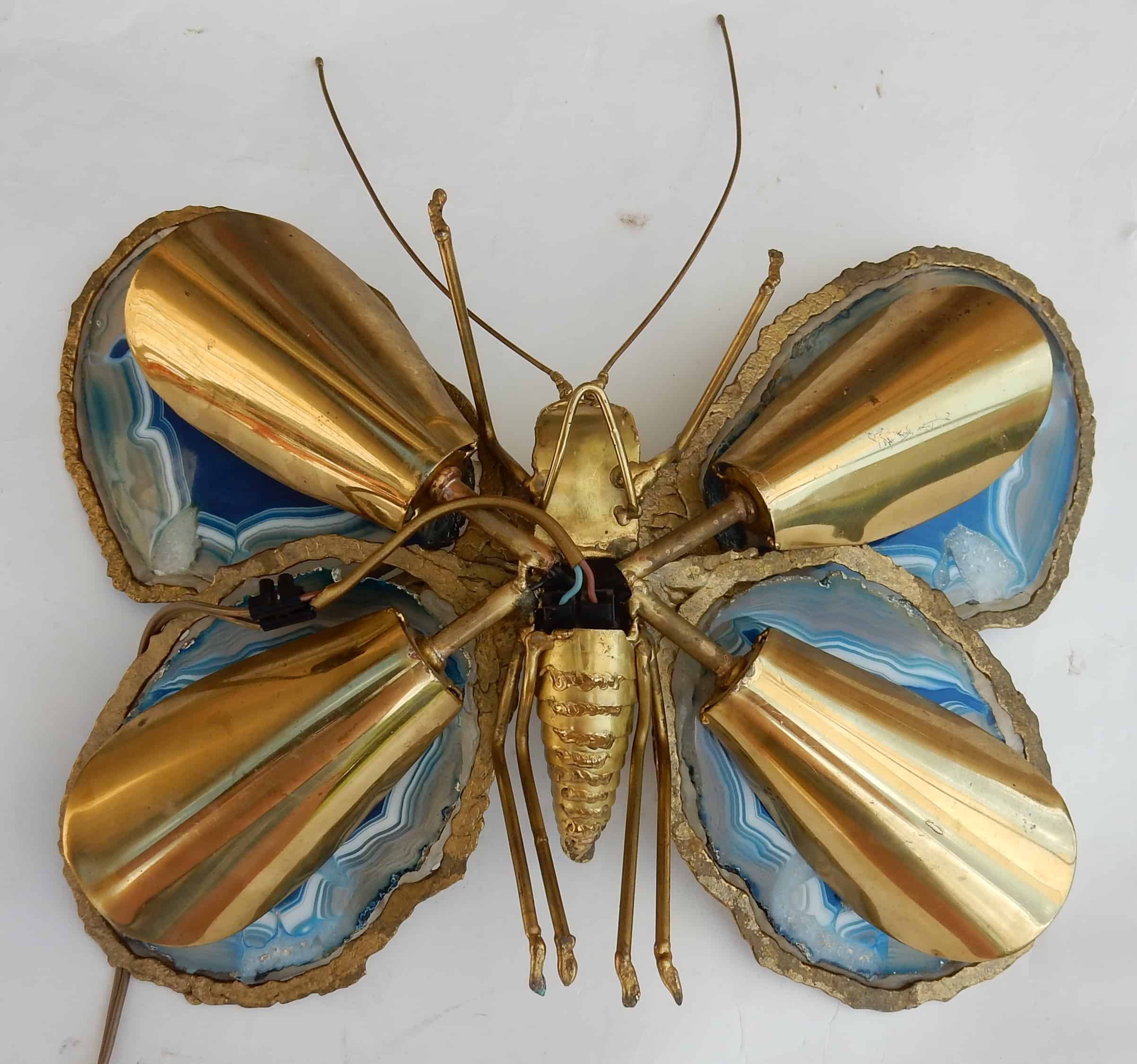 1970′ Applique Papillon Duval Brasseur Ou Isabelle Faure Avec Ailes En Agates Bleues 39 X H 39 CM – Image 4